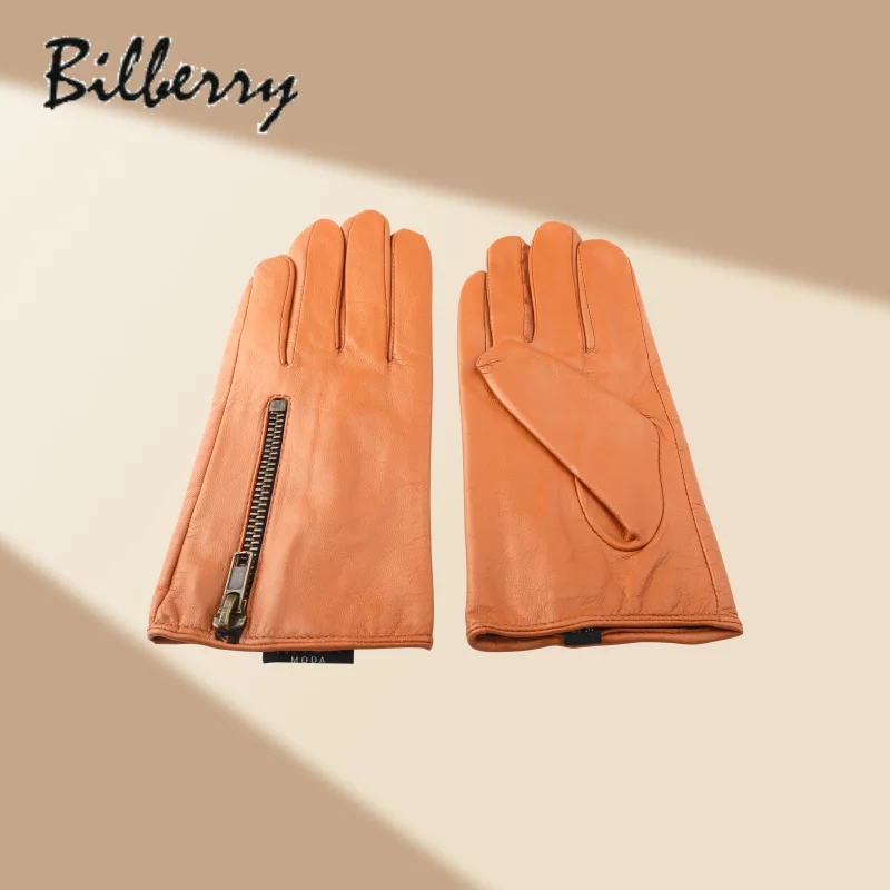 Fashion Women Orange Sheepskin Leather Gloves with Zipper Cuffs