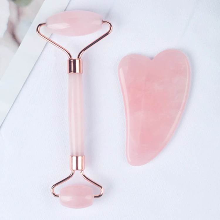 With Gua Sha Board 100% Natural Original Jade Rose Quartz Face Massager Jade Roller Set Pink Rose Jade Roller
