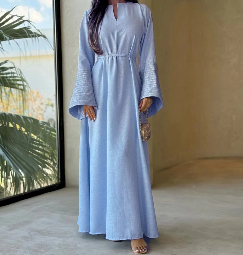 Новое поступление модное льняное платье из Дубая с вышивкой мусульманское женское антистатическое шелковое Абая скромная повседневная одежда афганские платья