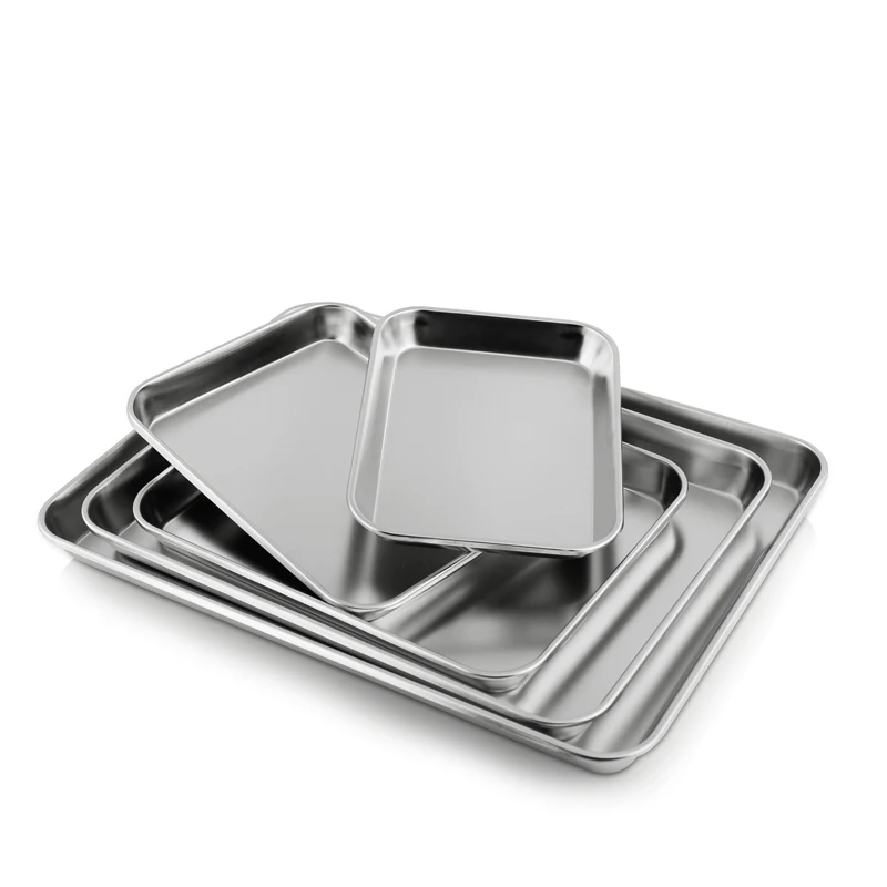 High Quality Rectangle Metal Food Tray Thick Buffet Serving Silver Stainless Steel Trays