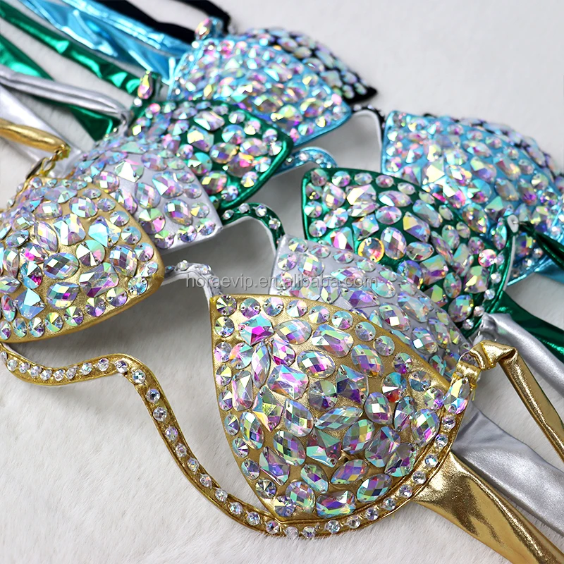 S614  Stripper Outfit Sexy Exotic Dancewear Leather 2 Piece Bikini Set Bling Hand Sew Rhinestone Gems for Carnival Costumes