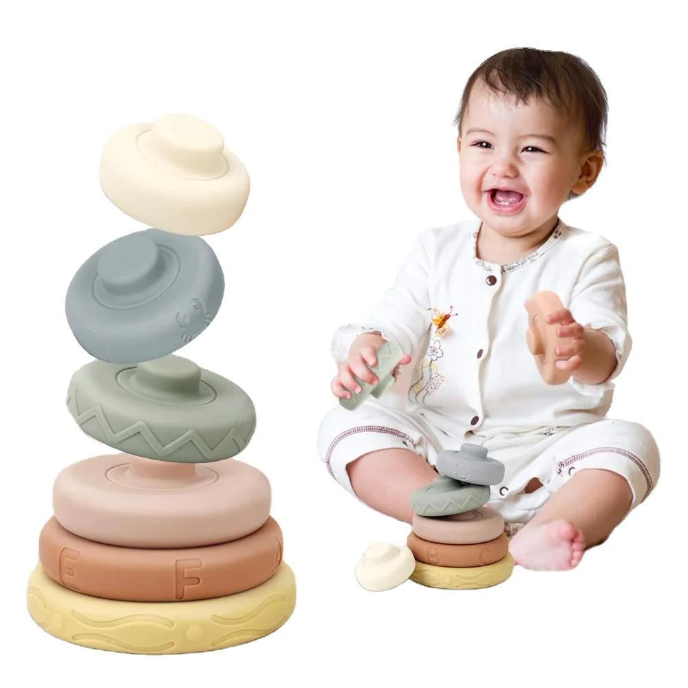 
soft silicone kids toy 6 pcs Building Stacking Teethers for Baby Squeeze Play with Letter, Animal and Graphic Learning Toys 