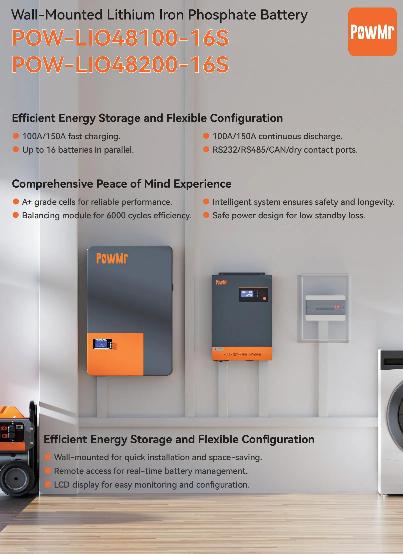 PowMr Wall mounted Solar Energy Storage Battery 100AH 200AH Lithium ion Battery 51.2V LiFePO4 Lithium ion Battery