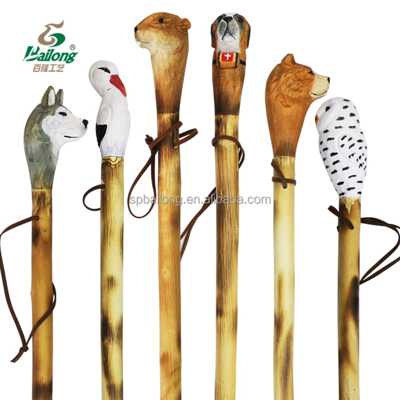 Rustic wood cane outdoor camping trekking carved animal hiking pole natural wooden walking stick