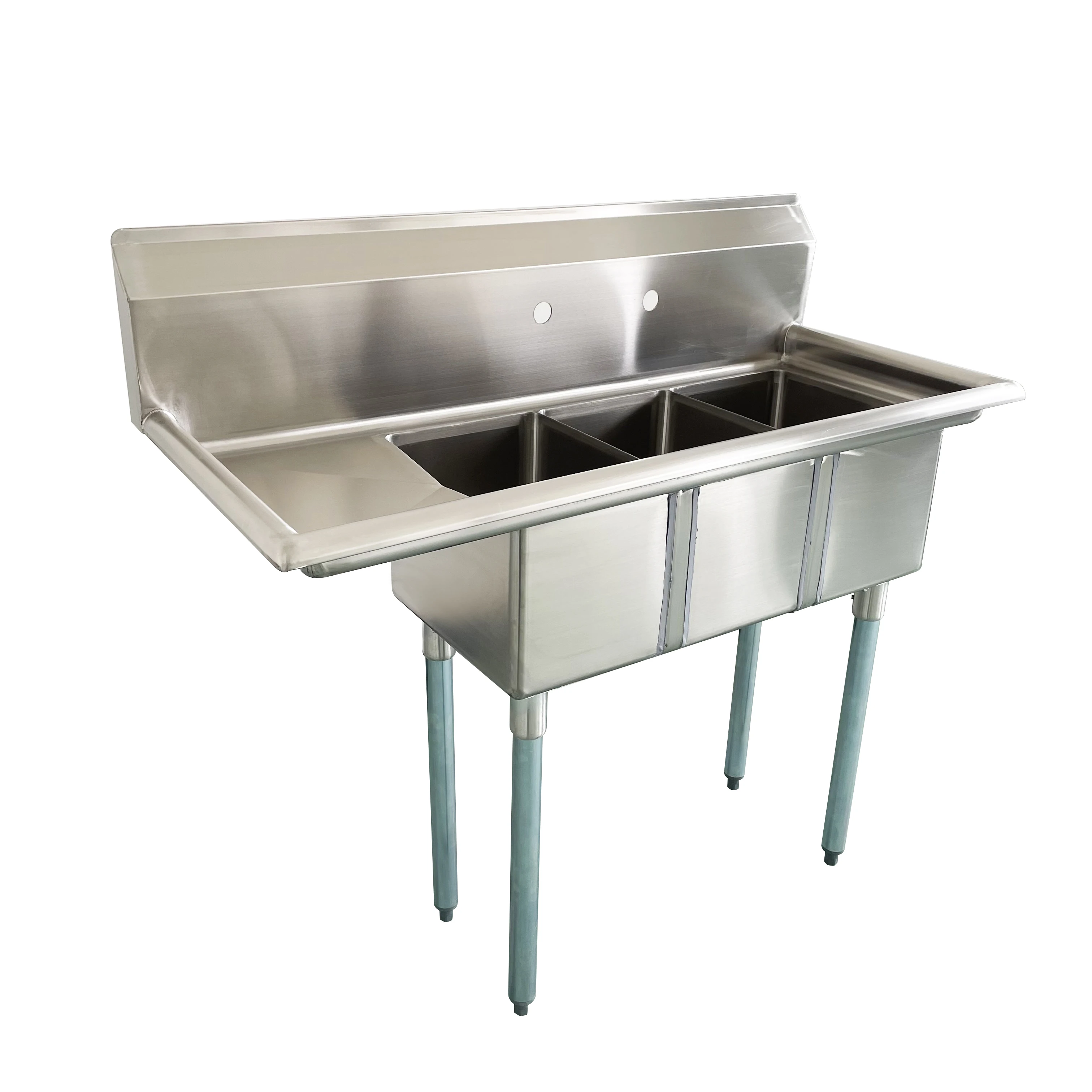 Jincheng NSF Three Compartment Sink with left drainboard Rectangular Center drain 3 Bowl 304S/S Commercial sink