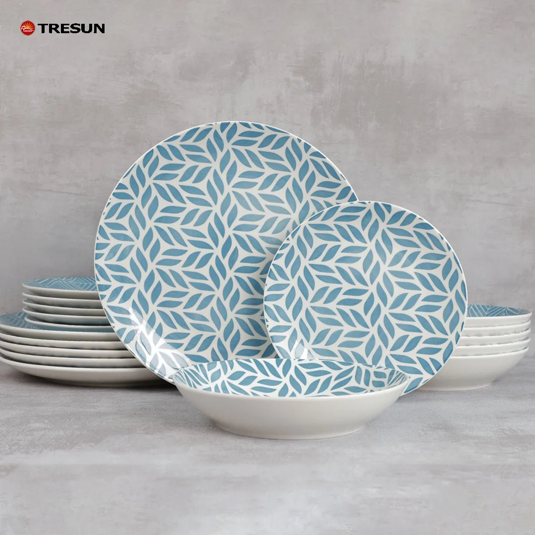 factory price modern nordic western blue ceramic gift box 18 piece pcs porcelain dinnerware dinner set service for 6 people