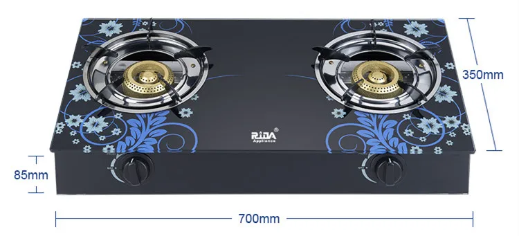 
Hot sale blue printing glass top 2 double black burner liners desktop beautiful gas stove 