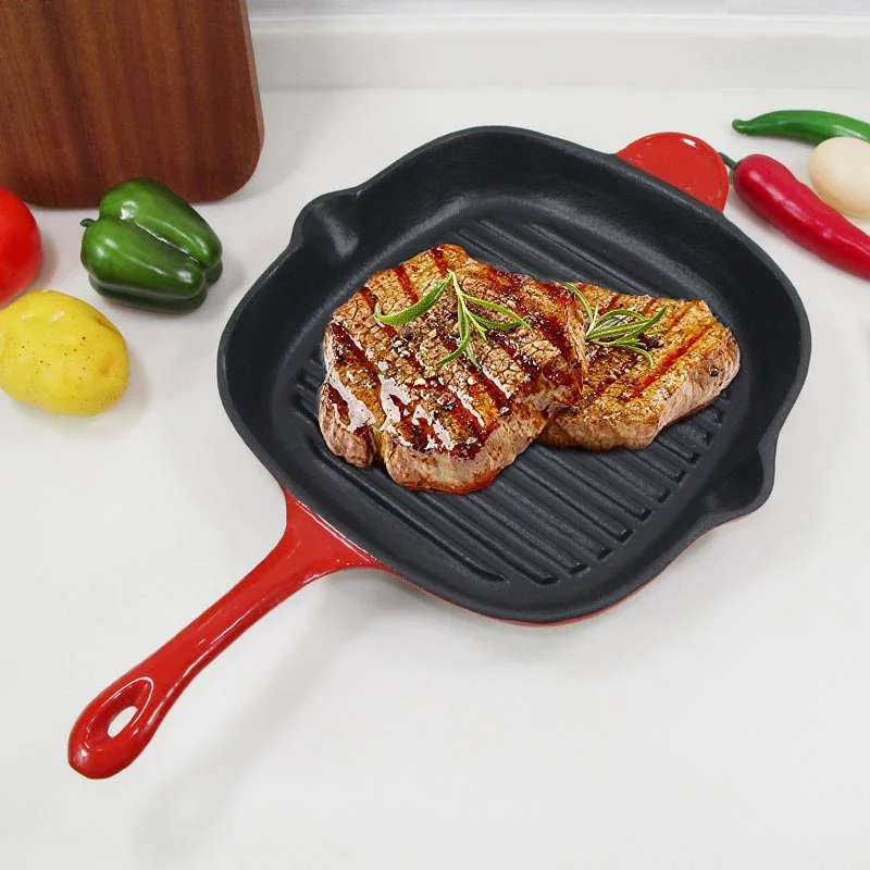 Wholesale Cast Iron Cookware Square Enameled Cast Iron Stripped Griddle Pan Steak Frying Pan