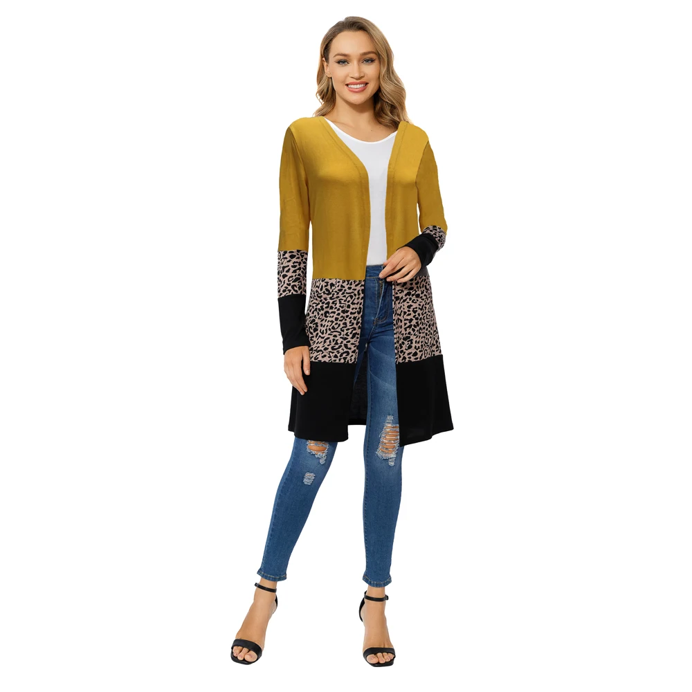 Womens Casual Open Front Draped Snap Knitted Maxi Duster Long Sleeve Leopard Print Plus Size Cardigan