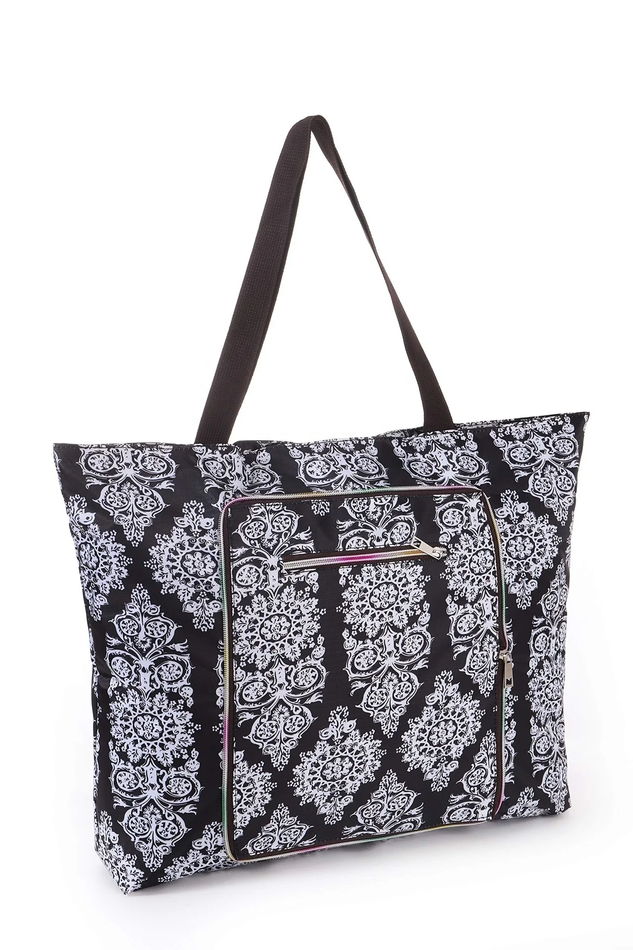 Factory new designer wholesale light weight ladies flamingo printed logo  handbag fold tote beach bag with zip