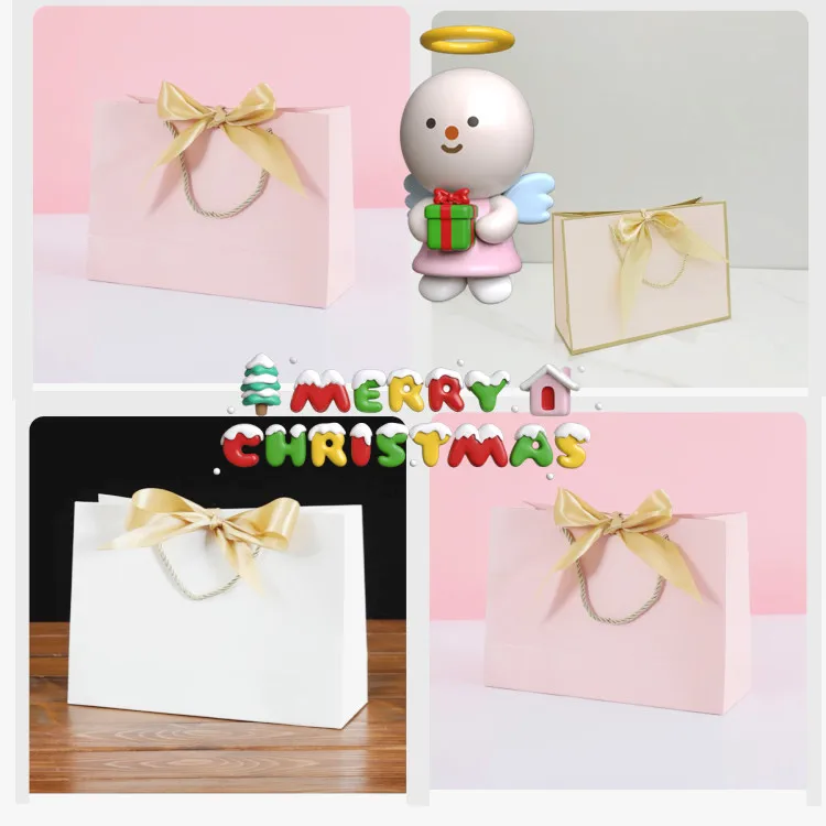 Custom logo luxury paper party  bags  for candle pink wedding cute packaging  clothing shopping bag gift bags Bowknot