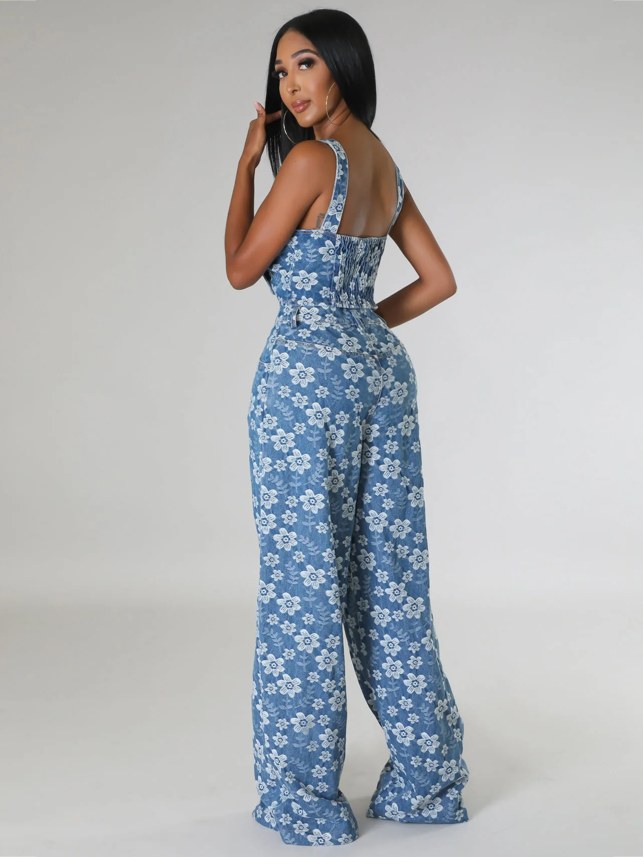 2024 Jacquard Floral Two Piece Sets Women Denim Outfits Fashion Strap Wrap Crop Top And High Waist Wide Leg Jeans Club
