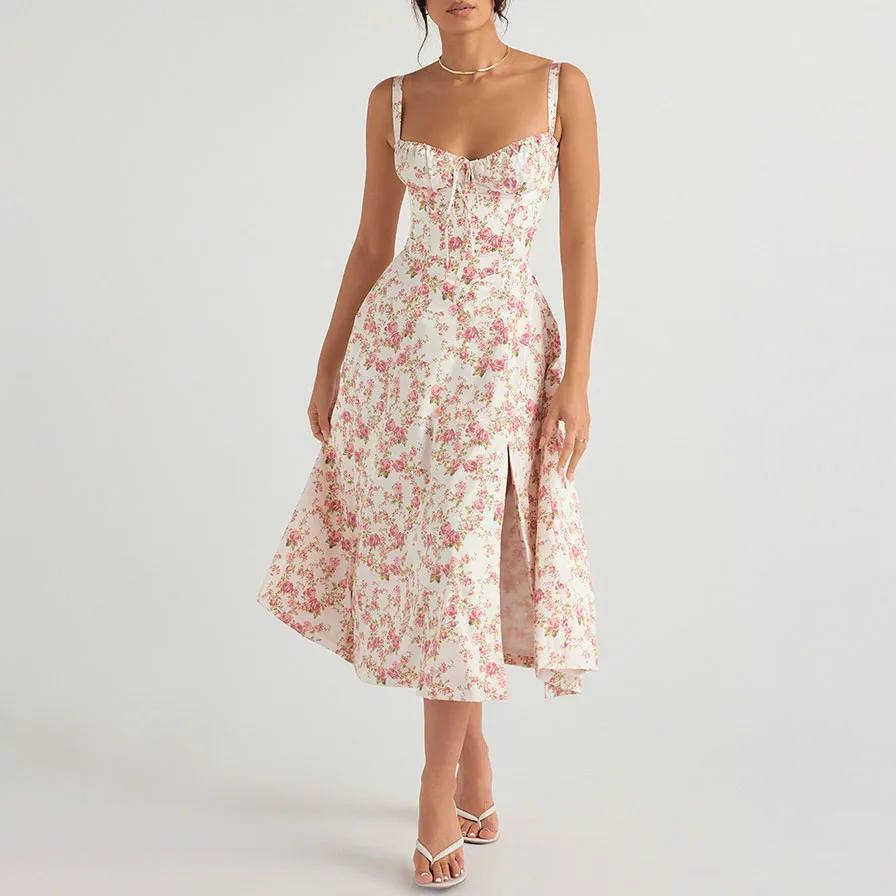 Rose Printed Floral Midi Dress Beach Wear violet Women Clothes Elegant Robe Traf Chic Long Sexy sundresses for women