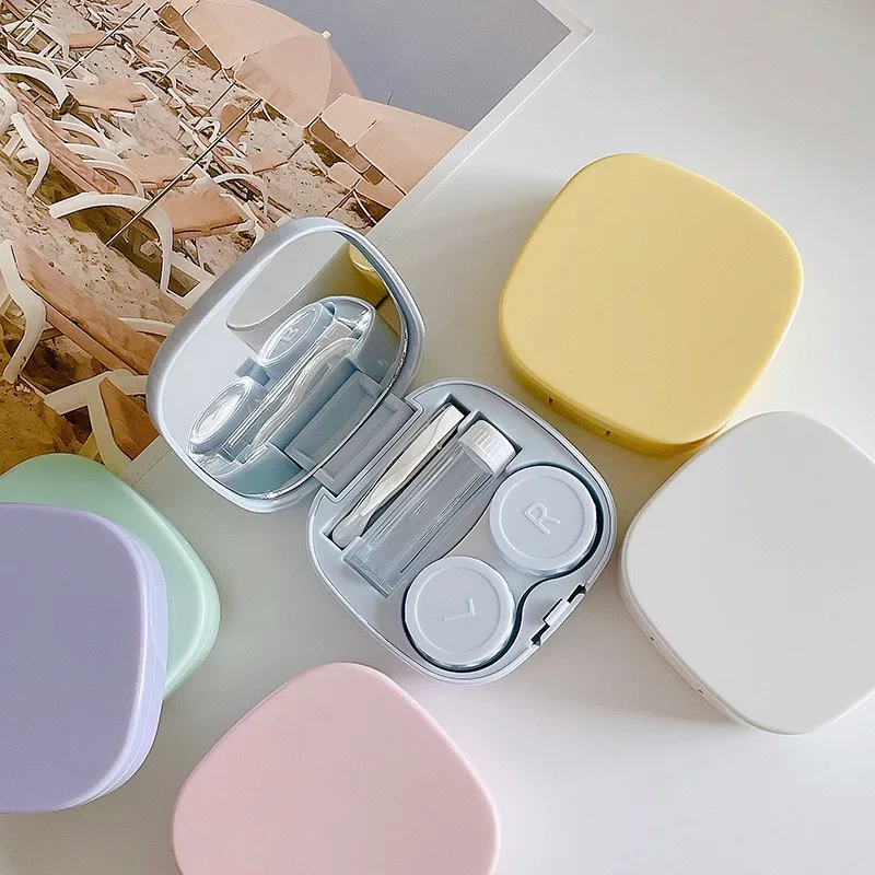 DIY Colorful Square Mirror Eye Contact Lens Case With Insertion And Removal Tool Plastic Box Holder Container Travel Use