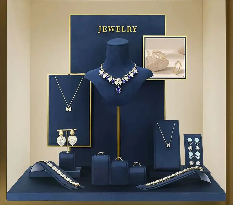 VANLOCY factory custom shop blue new jewelry necklace ring pendant bracelet bracelet metal display stand set