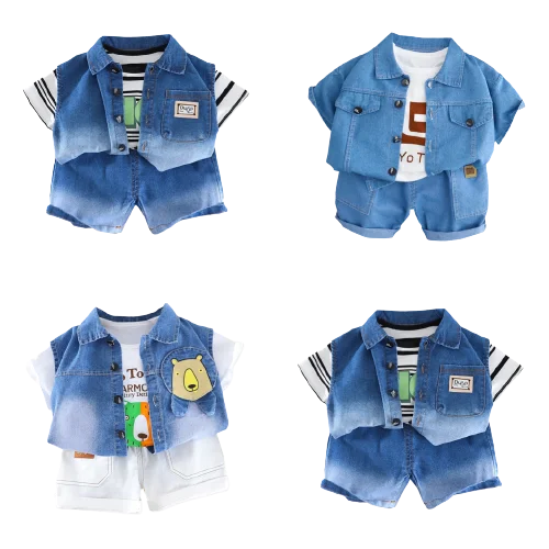 2023 Summer Baby Boys Clothes Sets Short Sleeve Print T Shirt Denim Jacket Pants 3 Pieces Fashion Toddler Outfits Kids Clothing