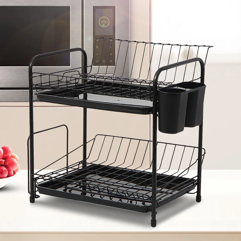 Iron Metal Wire Dish Rack Dryer of 2 Tier Kitchen Organizer Counter Stainless Steel Drainer Plate Storage Cup Rack with PP Tray