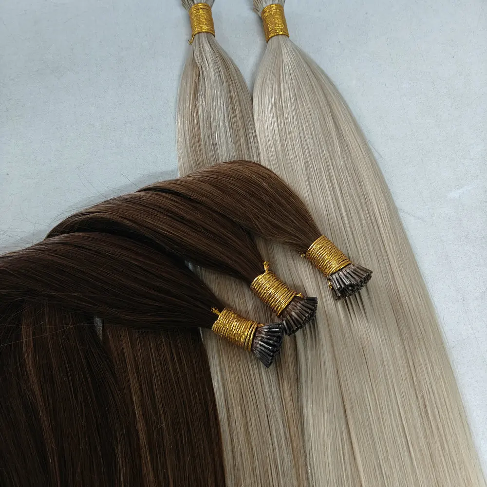 Double Drawn Italian Glue Pre Bonded Keratin I Tip Hair Extensions Cuticle Aligned Remy I Tip Human Hair