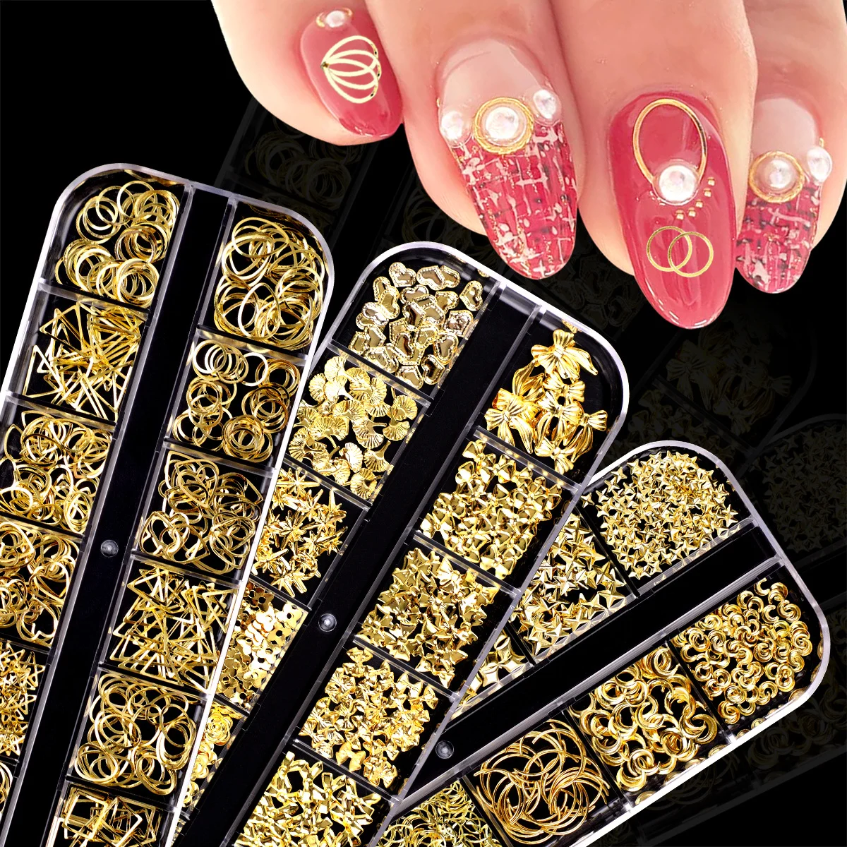 New arrival 12 grid nail Art decoration box with mixed metal gold and silver rivets for nail decoration sticker