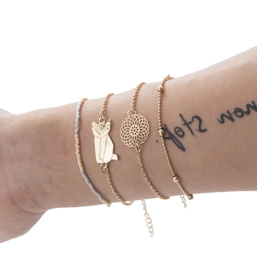 
Bohemian pop mens gold charm jewelry bracelets cat beaded handmade hollow couple customized bracelet set for women 