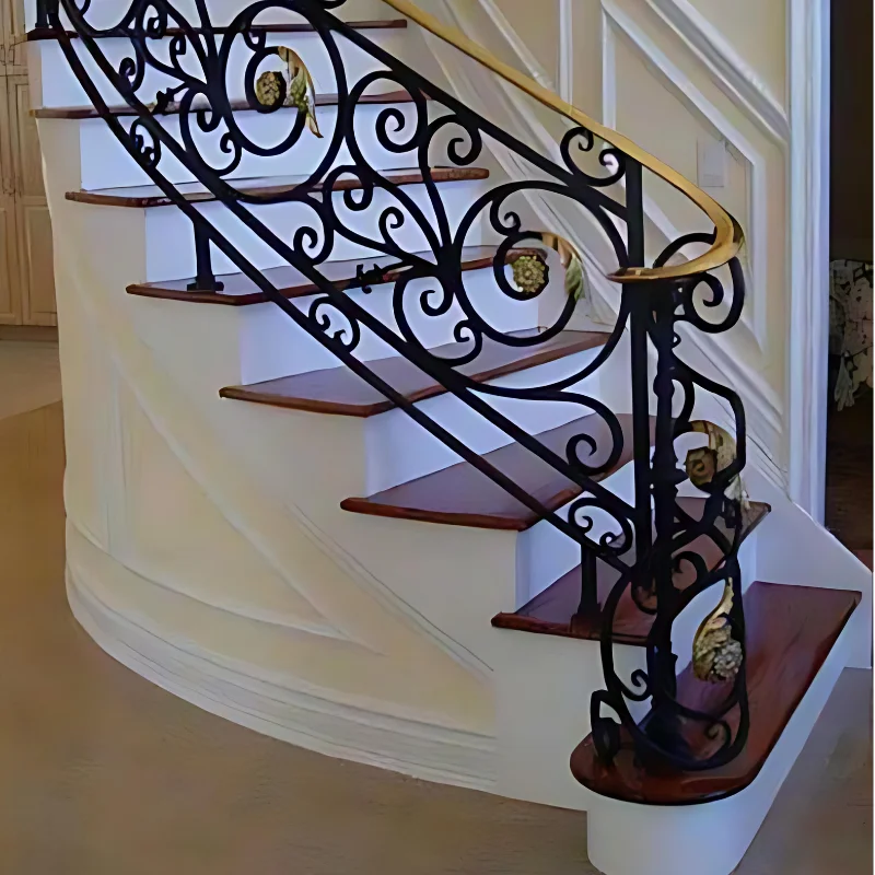 Wrought iron design railing wooden handrail solid wood step staircase classical spiral stairway indoor luxury timber stairs