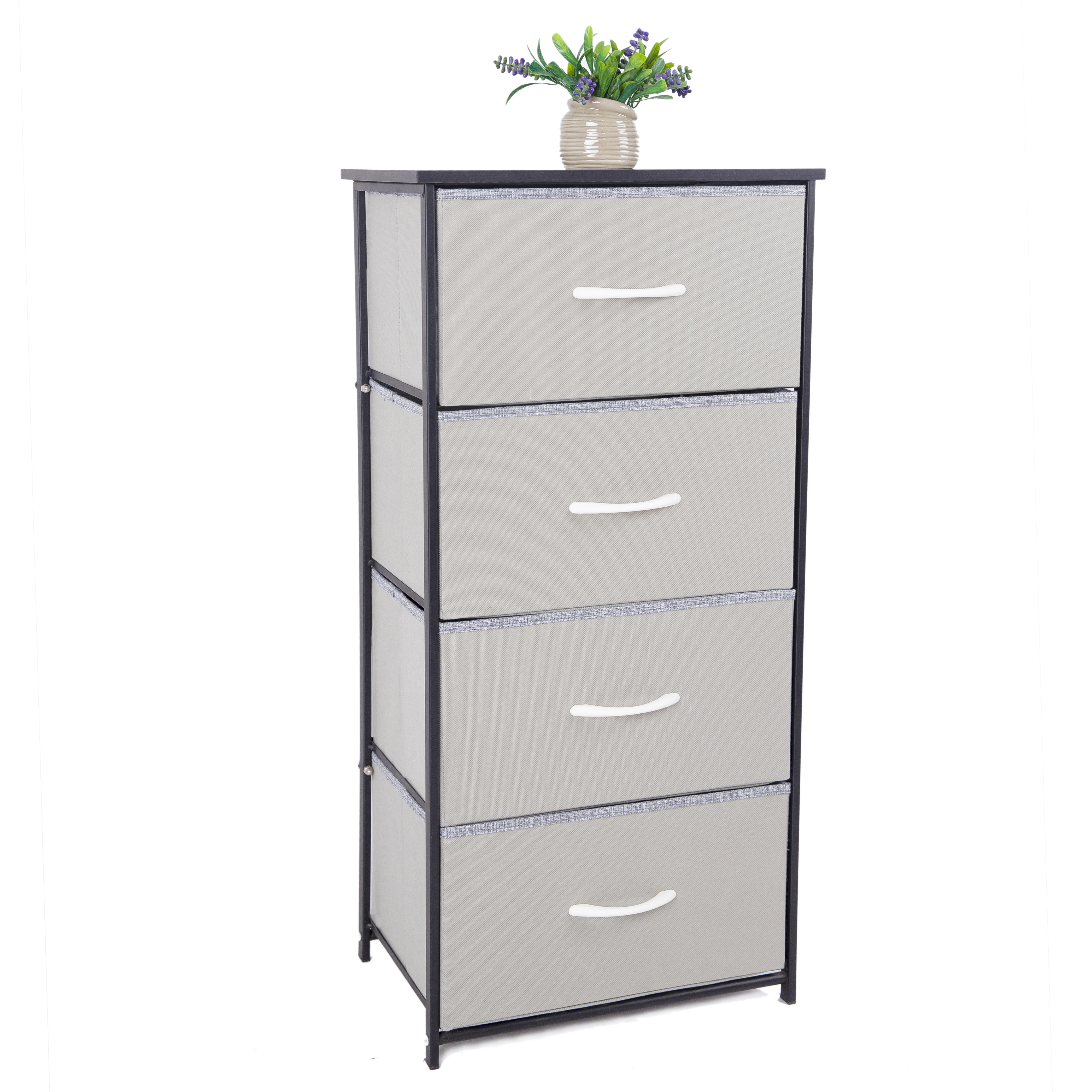 Easy Assembly Steel Frame and Wood Top Dresser with 4 drawers with Tall Fabric Storage Tower Organizer for Bedroom Chest
