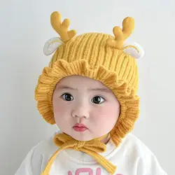 Cute Deer Elk Antlers Baby Hat Winter Warm Plush Knitted Ear Warmer Children Hat Bonnet  Cap Beanie Christmas Hats