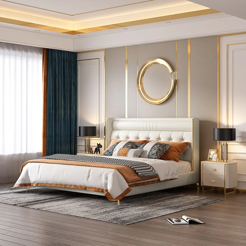 Full King/Queen Size Hotel Room Bed Frame Bedroom Furniture Designer Leather Light Luxury Solid Oak Wood White Bed Set Furniture