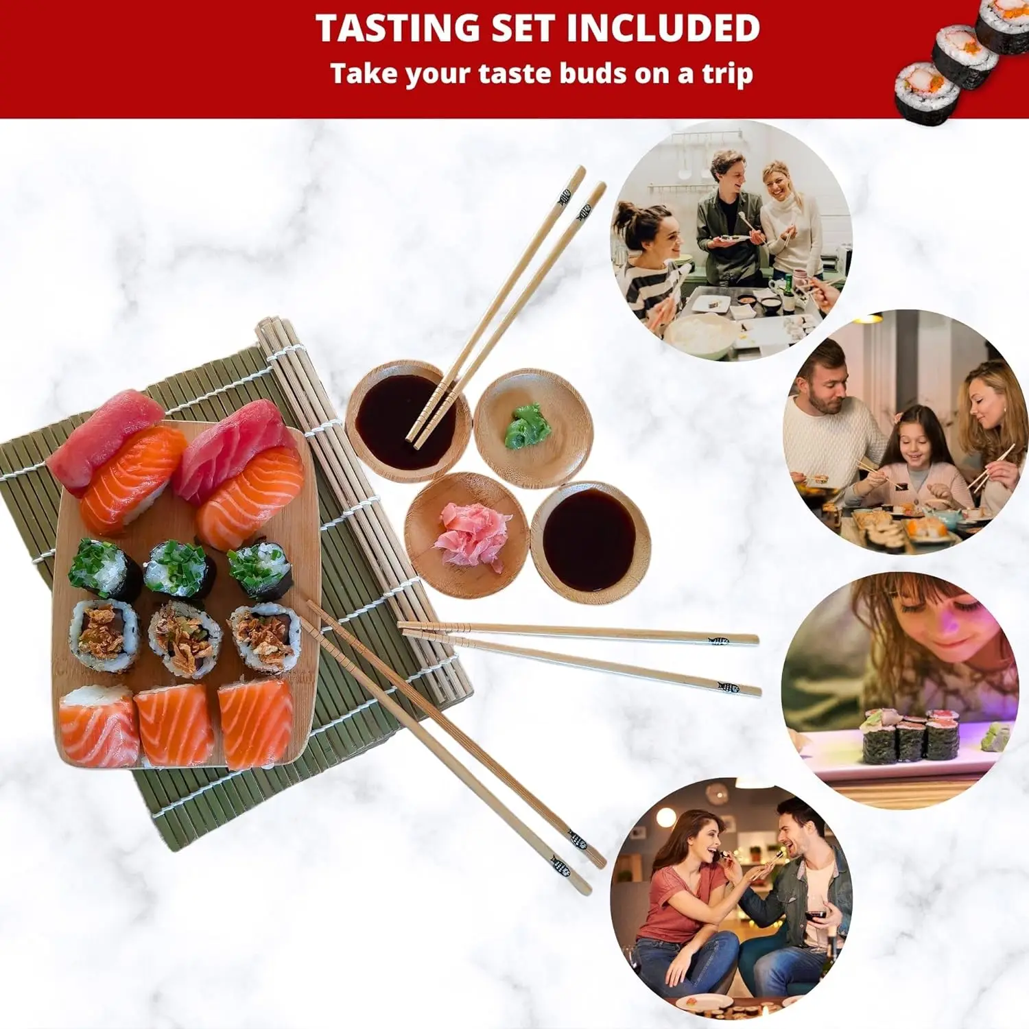 Sushi Maki Maker Complet Fabrication  Coffret Avec Bambou Couteau Japonais Baguettes Moule