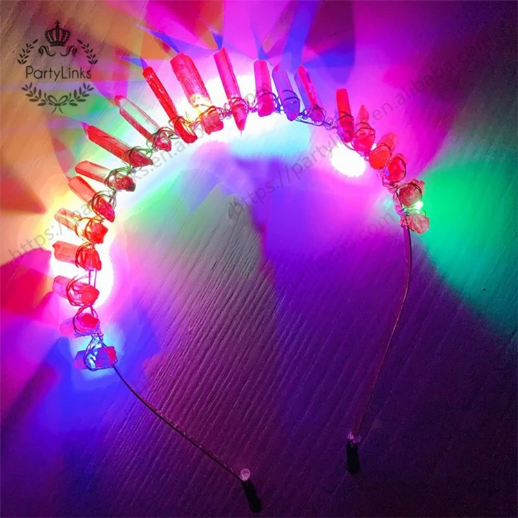 European Princess Vintage LED Flashing Tiara Crown Raw Crystal Colorful Hair Hoop Women Halloween Christmas Headpiece