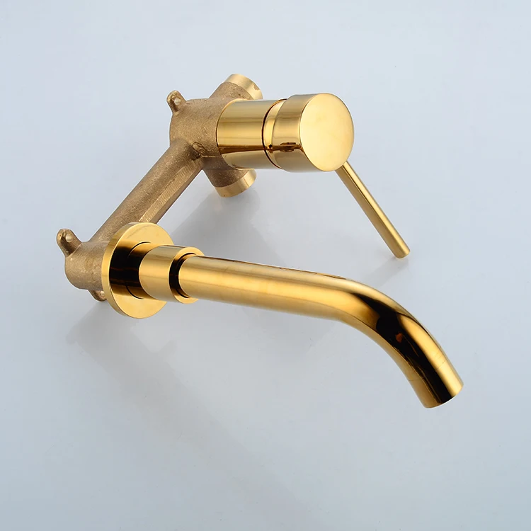 Wall Mounted Bathroom Faucet Solid Brass Basin Mixer Golden Bathroom Taps with 360 Degree Rotating Nozzle