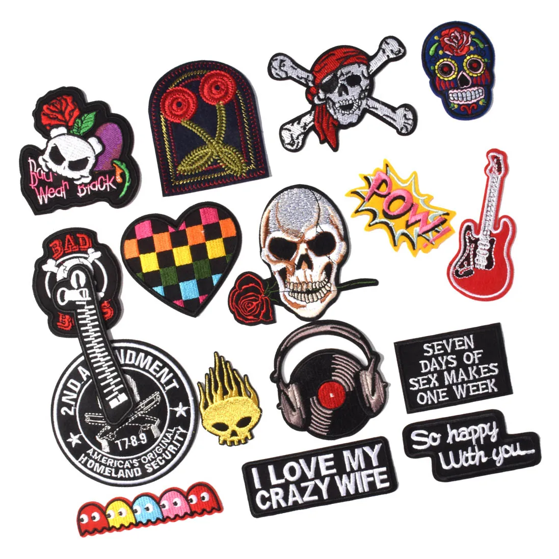 Set of 18PCS wholesale in stock Skull Iron on Embroidery Patches Guitar patch for DIY Clothing Decoration