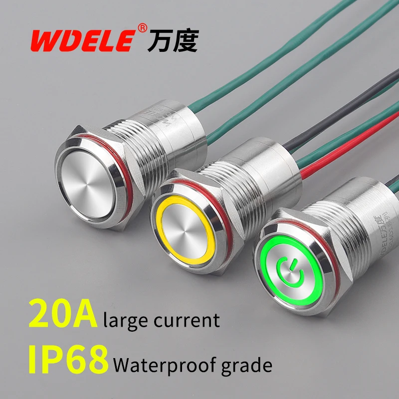WD 16mm Metal Push button switch, 20A high current switch, overall waterproof grade IP68,  PUSH SMITCH LED LIGHT SWITCH