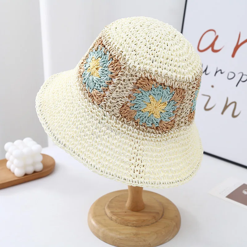 BESTELLA Summer Female Joker Sun Hat Sunscreen Bucket Cap with Red Woven Flower Straw for Beach and Fishing Boho