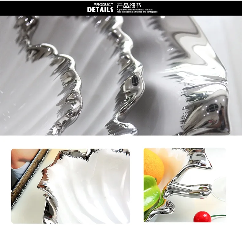 signed unique leaf shape silver Rim ceramic dish plate Nordic Porcelain Plates fruit candy and Snack tray for home