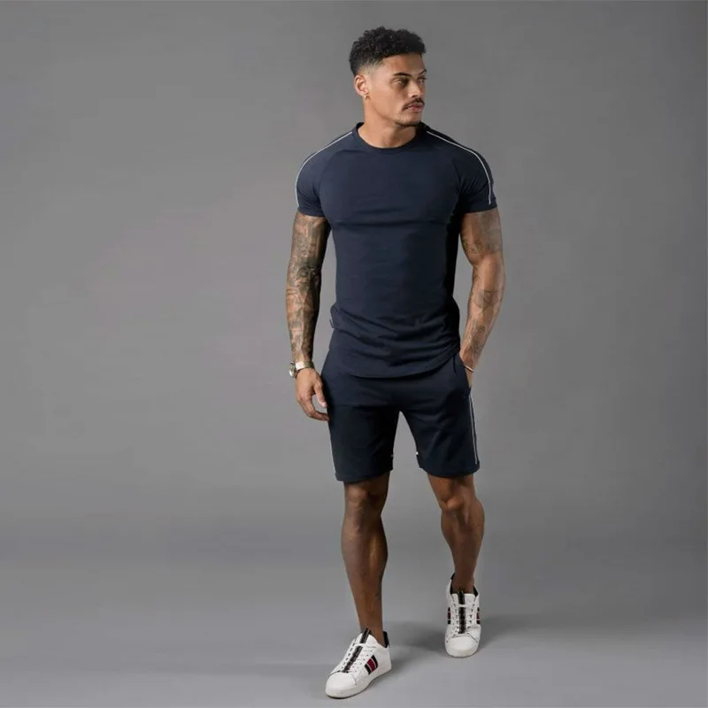 Men Slim Fit Short T-Shirt Top Quality Longline T-Shirt Light weight 93% Cotton 7% Elastane Gym T-Shirt shorts suit