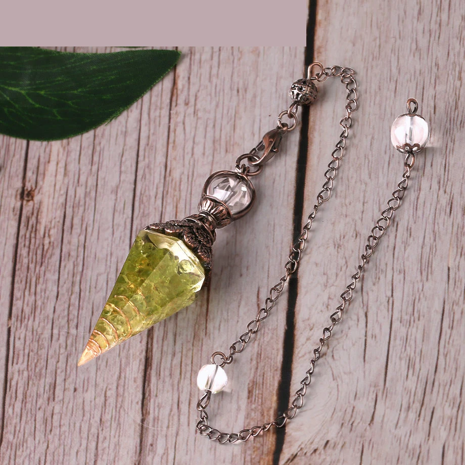 Natural Crystal Pendulums Pendant Resin Spring Hexagon Cone Pendant Bronze Natural Gravel Pendant