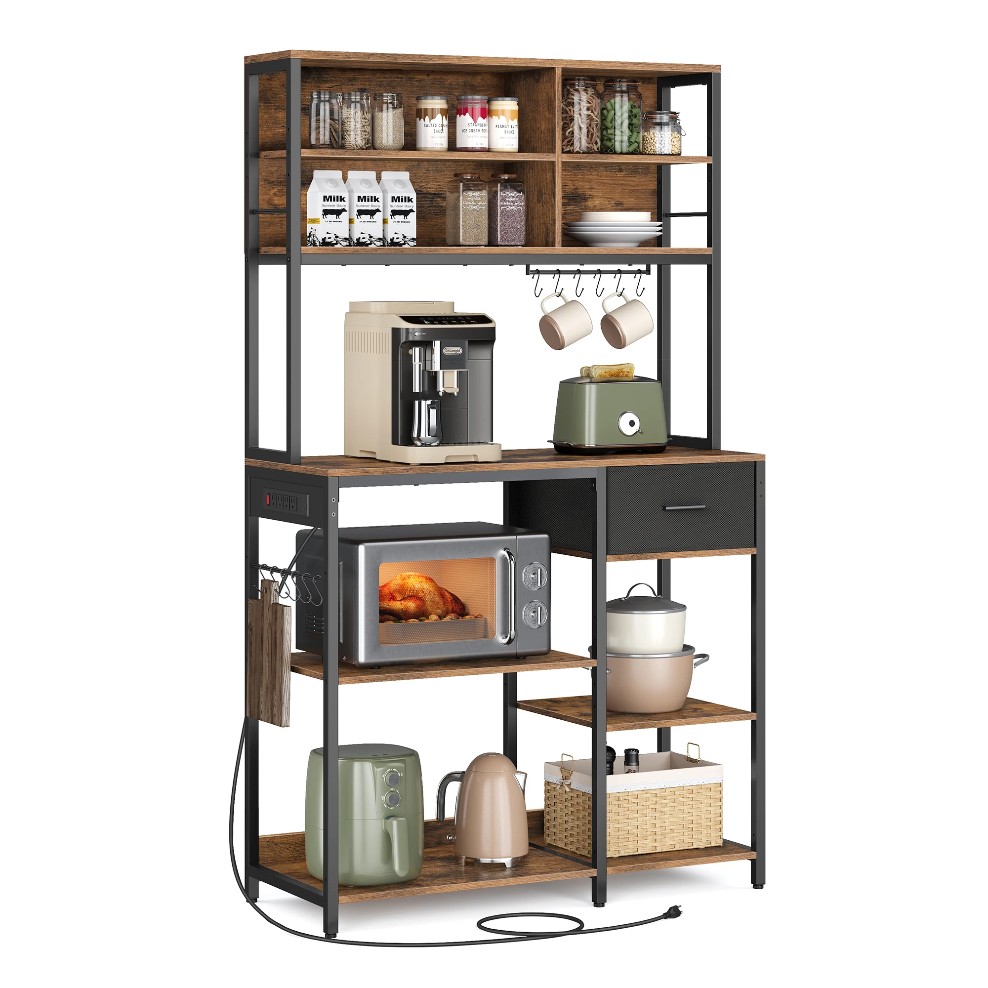 VASAGLE Kitchen Coffee Bar Stand Adjustable Storage Shelves Bakers Rack with Charging Station
