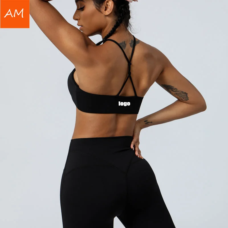 OEM Logo Thin Straps Fitness Yoga Bra Cross Back Padded Sports Bra Halter Neckline Bra For Women