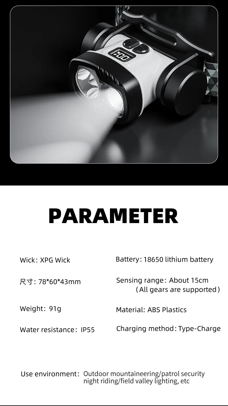 Rechargeable LED Headlamp ABS High Lumen Sensor Headlight Multi-function Camping Essentials Waterproof for Hiking Cycling