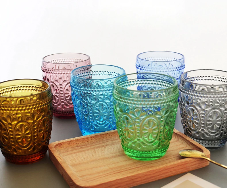 European Style Glass Creative Retro Embossed Pattern Color Crystal Water Cup Breakfast Milk