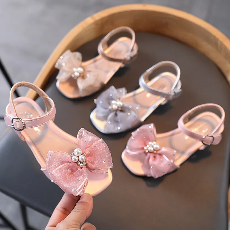 Summer Korean Style Sweet Girls Bow tie Girls Sandals Pearl High Quality 3-12 Years Old Kids Open Toe Shoes