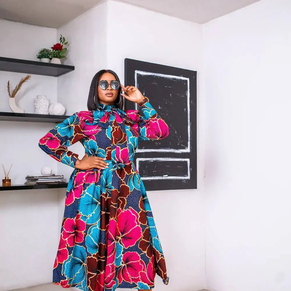 2023 Fall Clothing Fashion African Print Long Sleeve High Waist Puffy Bow Neck Midi Dress Africa Plus Size Dress