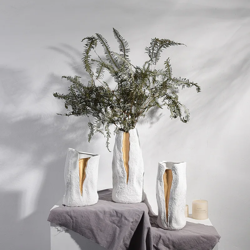 Nordic style art gold crack decorative home flower handmade white black table vase ceramic and porcelain vases for decoration