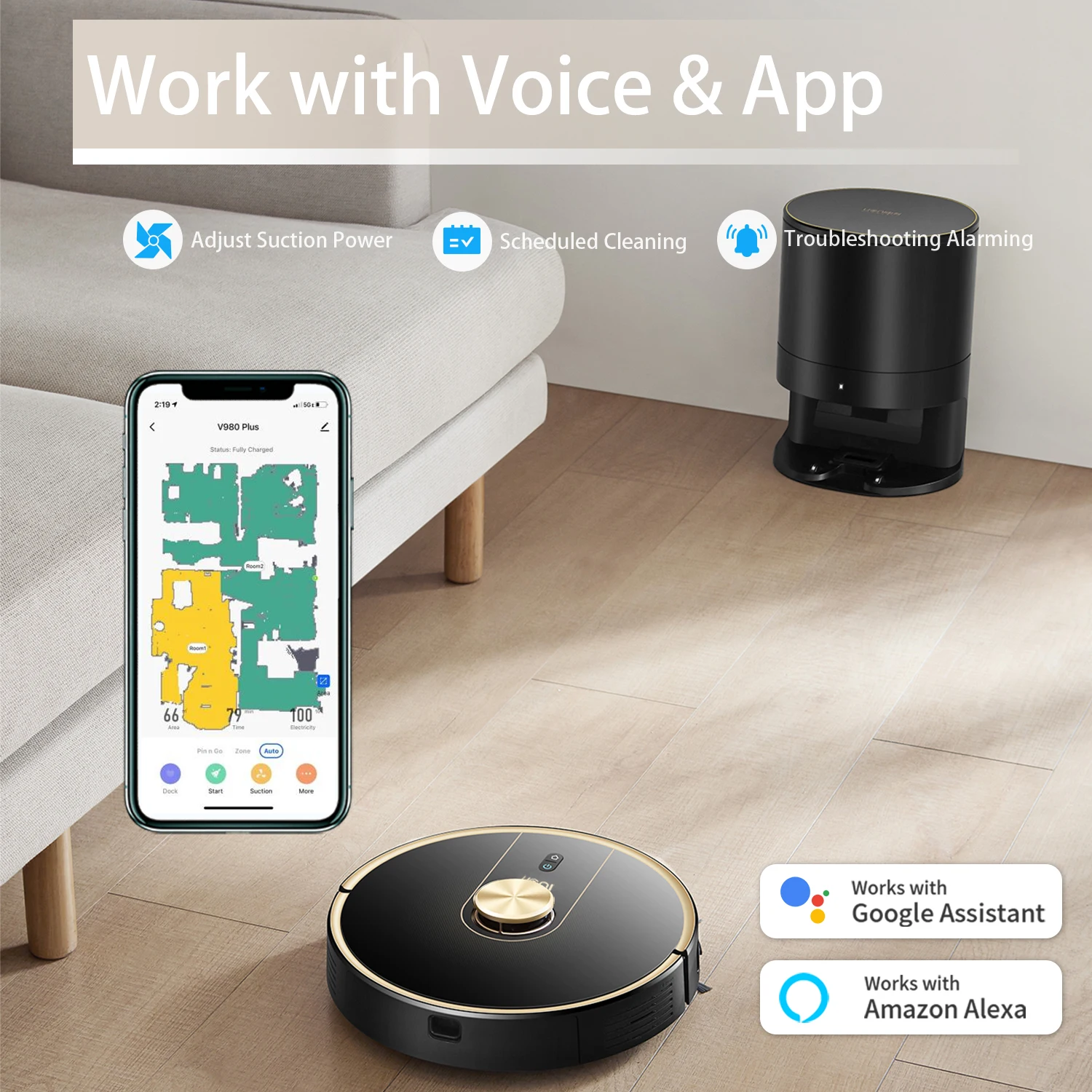 Uoni V980 Plus Smart Tuya WiFi Automatic Robotic Sweeper Rechargeable Robot Vacuum Cleaner with self-emptying dustbin