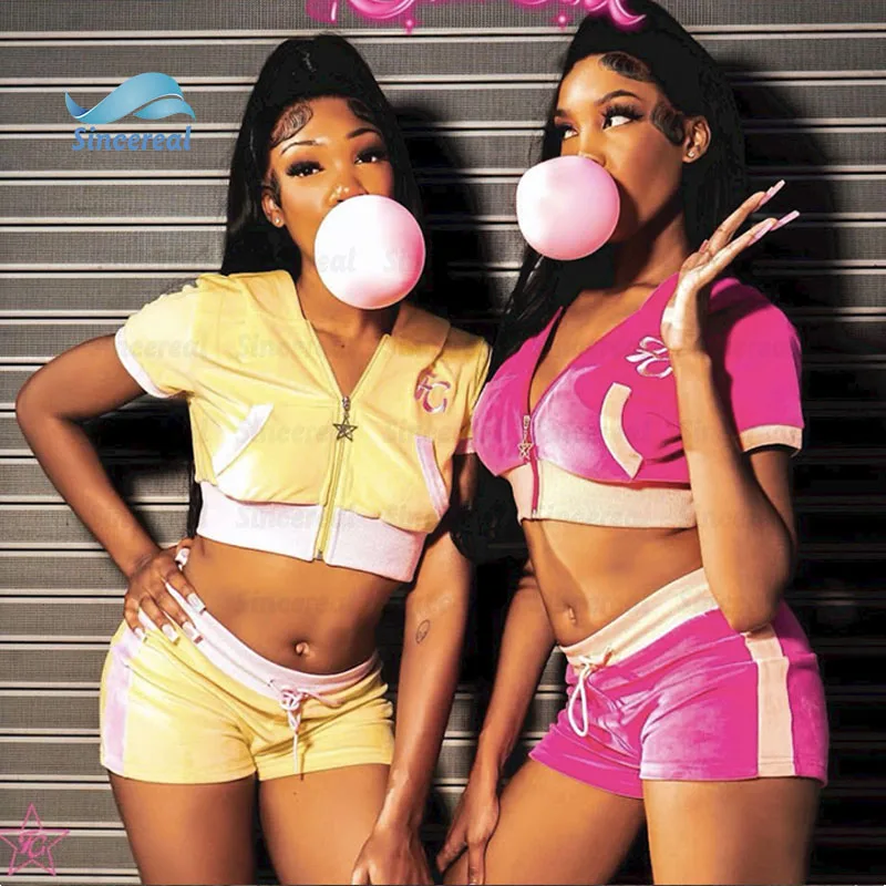 Custom y2k Ladies Two Piece Biker Shorts Sets Velvet Sweatsuits Embroidery Zip Up crop top Velour Tracksuits For Women