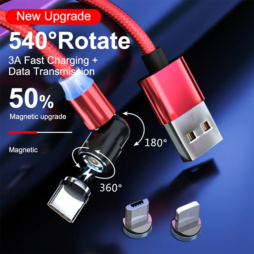540 rotating magnetic usb cable micro type c USB 2.4A fast charge 3 in 1 540 magnetic charging cable for phone