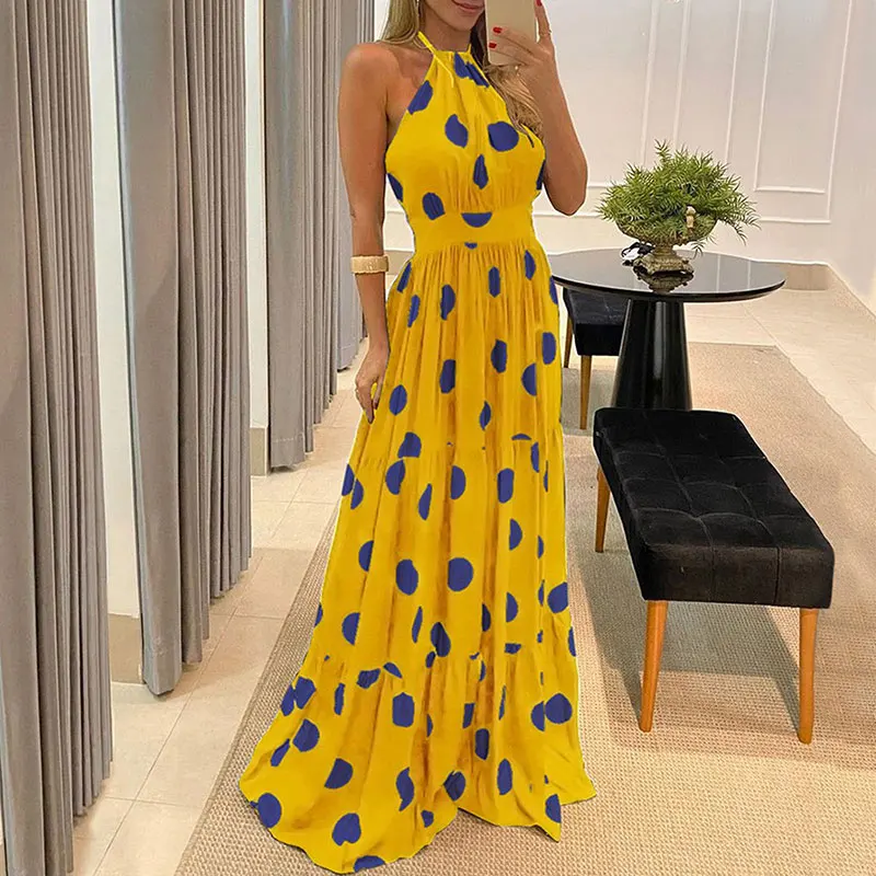Women Elegant Polka Dot Print Boho Maxi Dresses 2024 Summer Sexy Halter Sleeveless Beach Long Dress Ladies Casual Loose Sundress