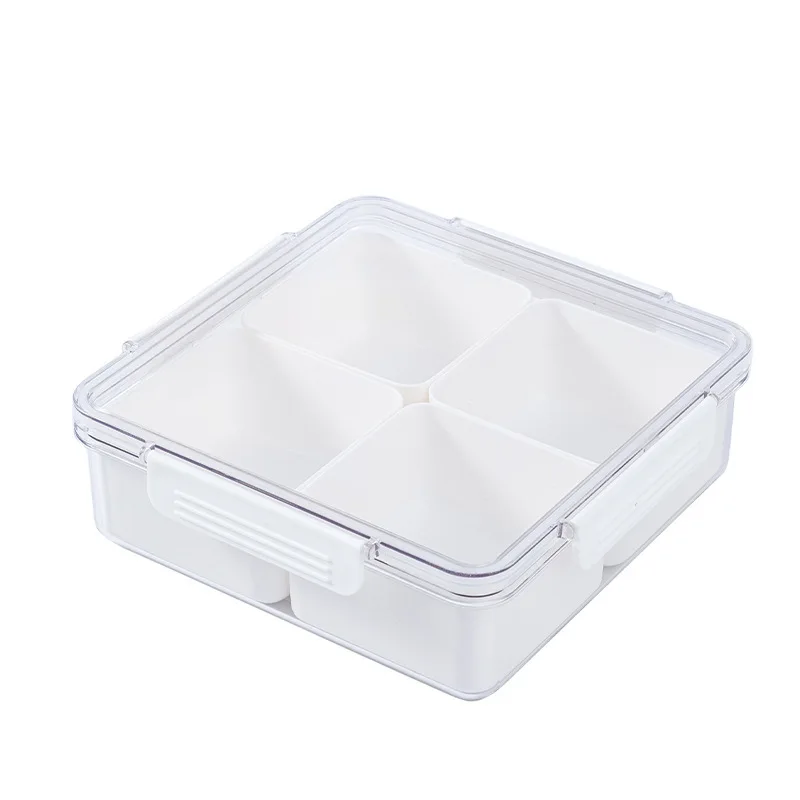 Factory Price Divided Food Storage Box Removable 4 Compartments Fruit Tray Snack Container With Lid For Refrigerator Storage