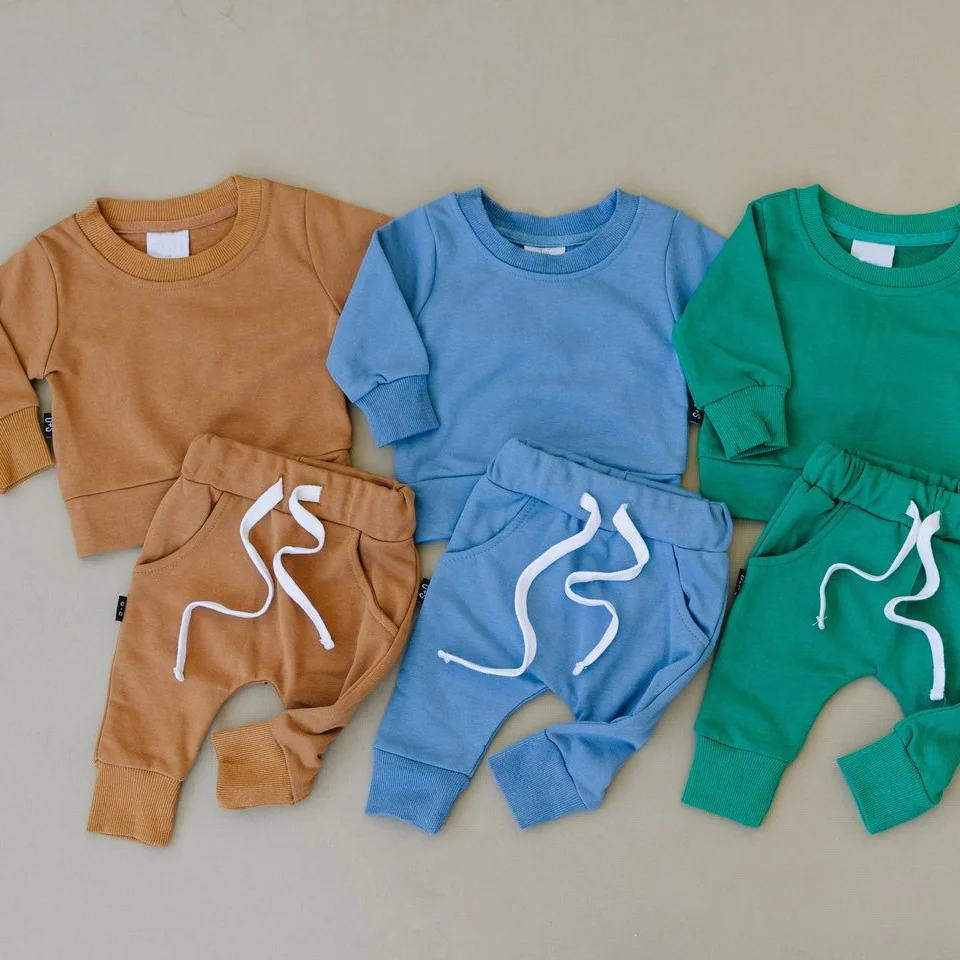 Custom logo baby hoodies&sweatshirts crew neck terry cotton plain kids baby jogger set baby clothing sets